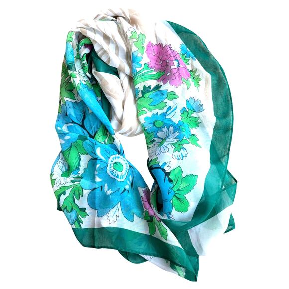 Silky sheer chiffon scarf long rectangle blue green tan tropical floral flowers - Picture 2 of 8